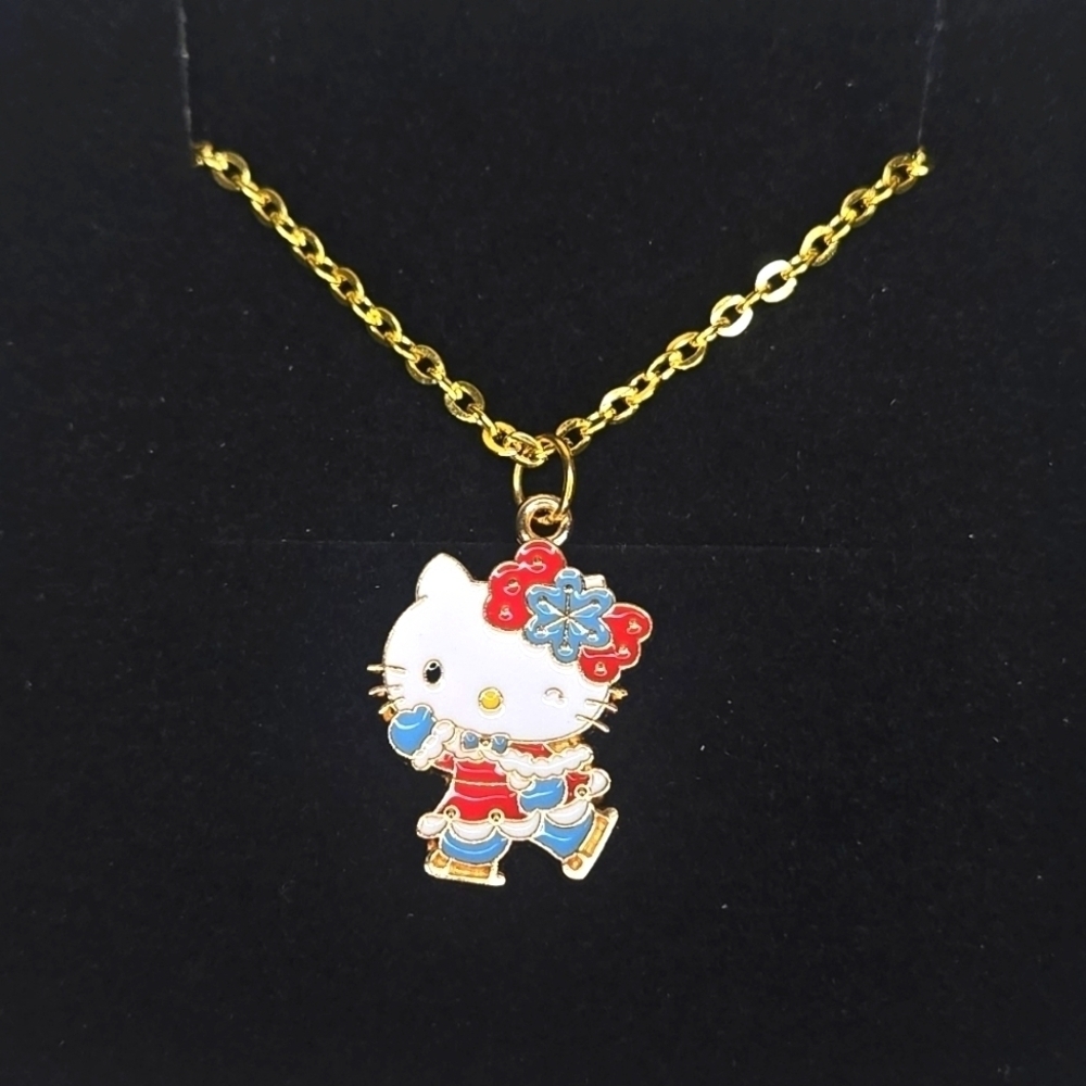 Hello Kitty Necklace Winter Themed Skating Gold Tone